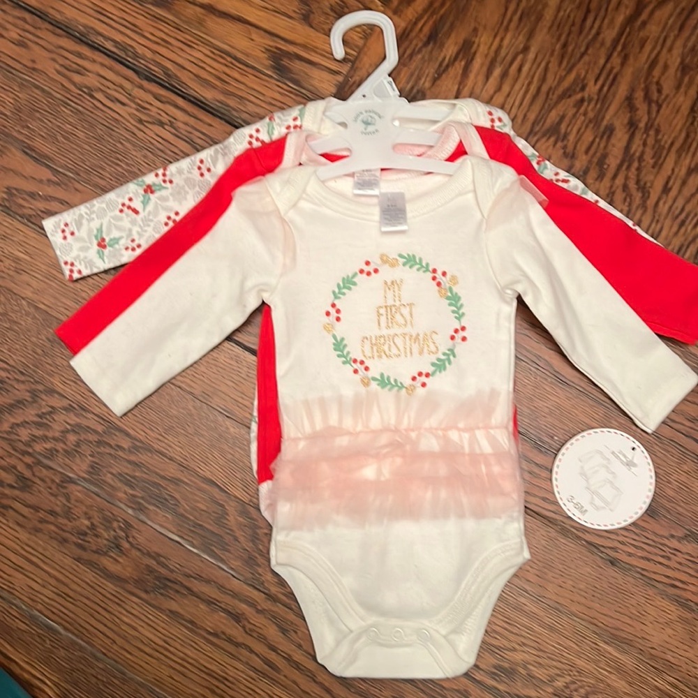 NWT Infant Girl Set of 3 “First Christmas” Onesies - Size 3 - 6 Months